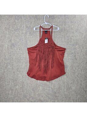 Rue21 Womens Fringe Halter Top Rust Red XL 100% Cotton Crochet Boho Style